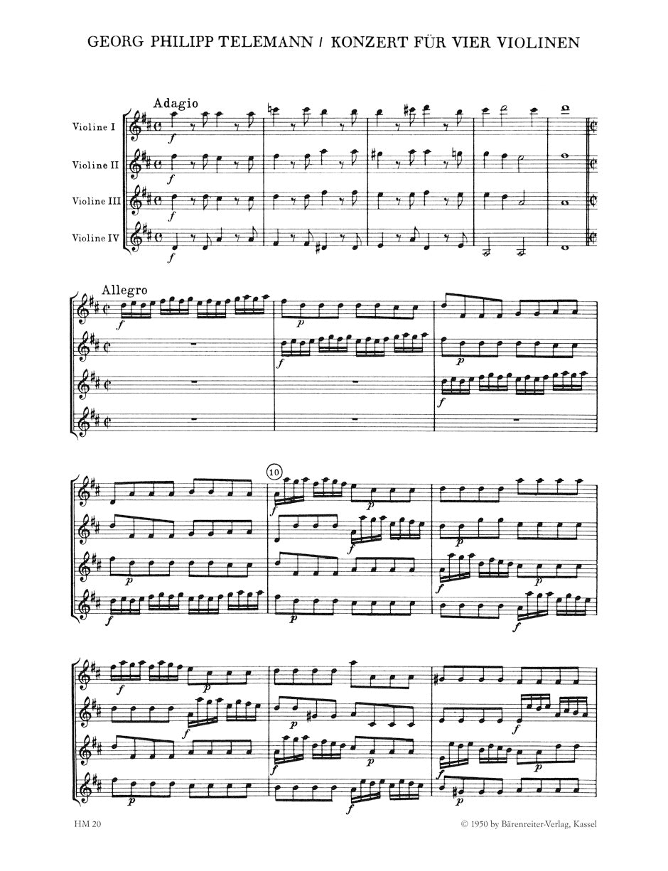 Telemann Concerto for Four Violins without Bc D major TWV 40:202