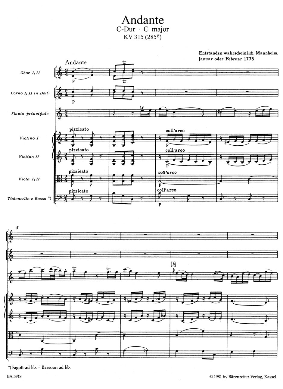 Mozart Andante for Flute and Orchestra C major K. 315 (285e)
