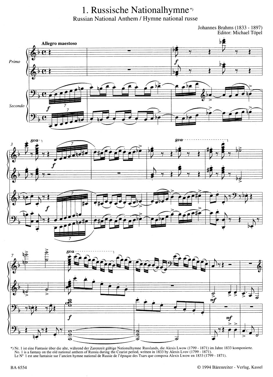 Brahms Souvenir de la Russie. -six Fantasien für Klavier zu vier Händen- 6 Fantasies for Piano Left Hand