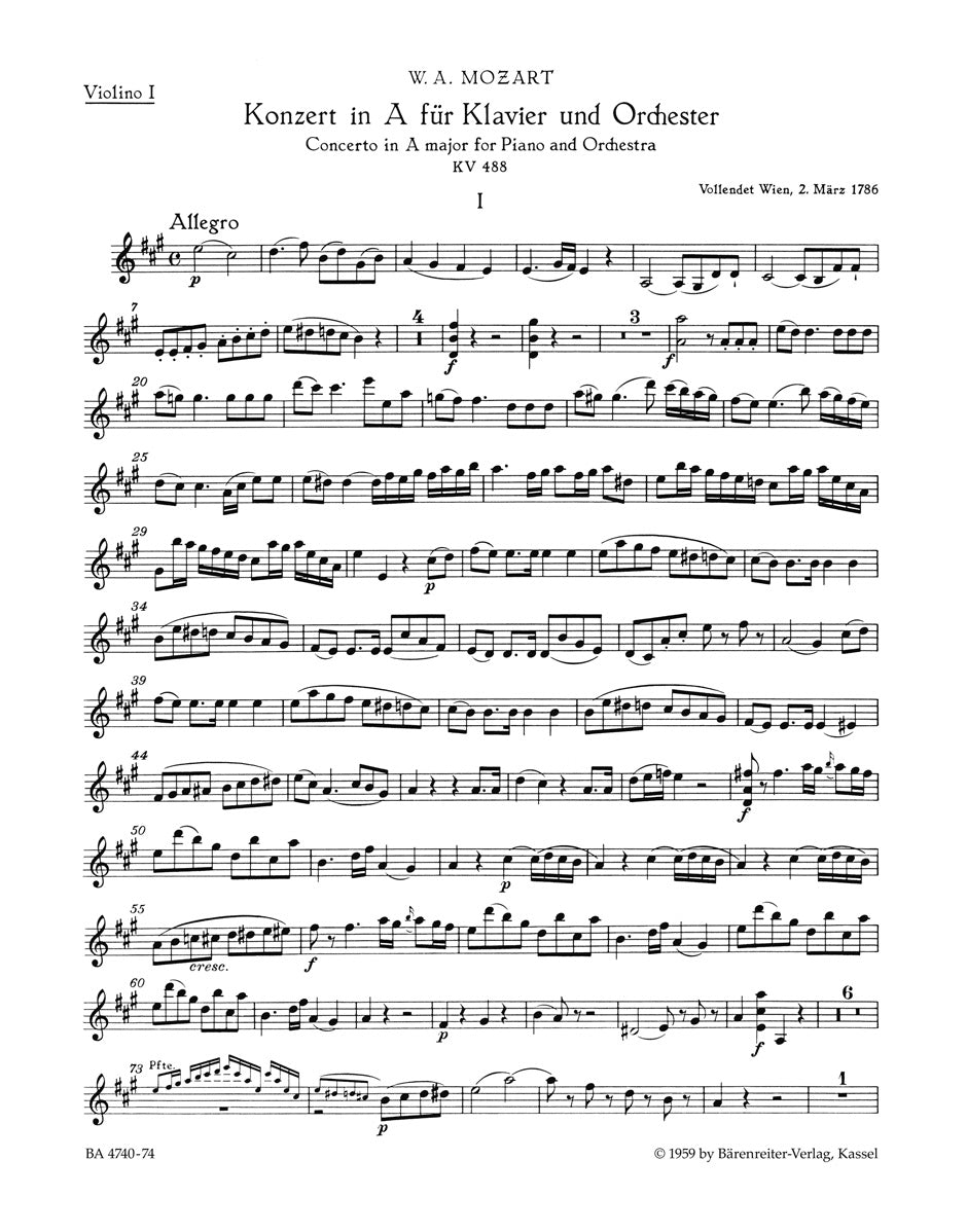Mozart Concerto for Piano and Orchestra no. 23 in A major K. 488 Violin 1 Part