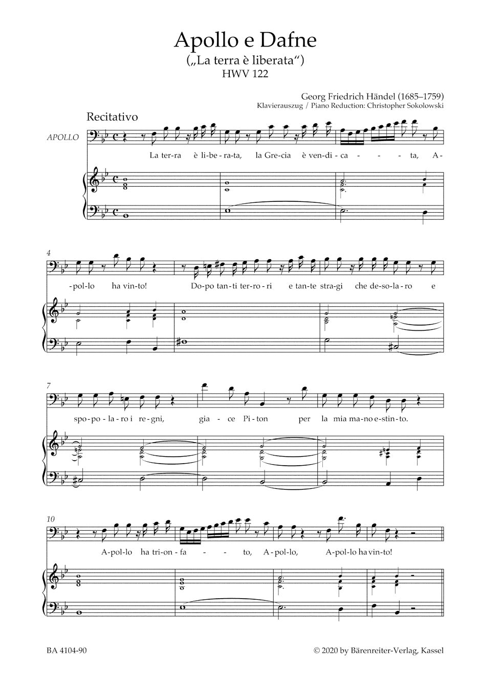 Handel Apollo e Dafne ("La terra è liberata") Vocal Score