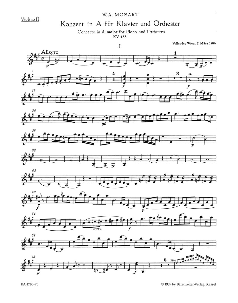 Mozart Concerto for Piano and Orchestra no. 23 in A major K. 488 Violin 2 Part