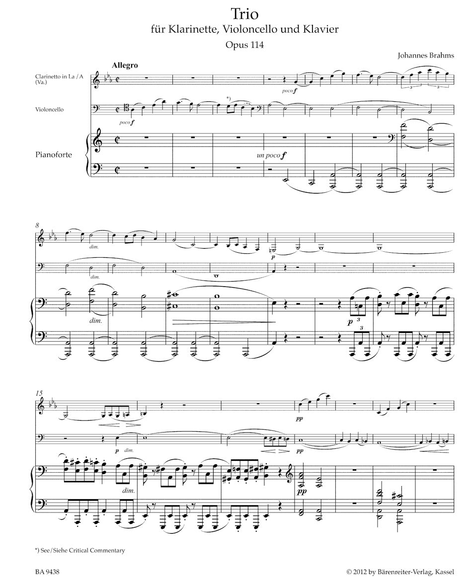 Brahms Trio for Clarinet (Viola), Cello and Piano Opus 114