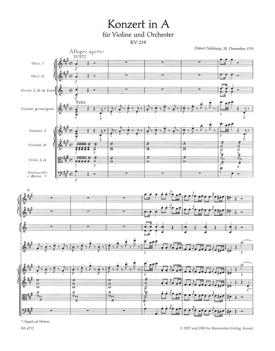 Mozart Concerto for Violin and Orchestra Nr. 5 A major K. 219 (Full Score)