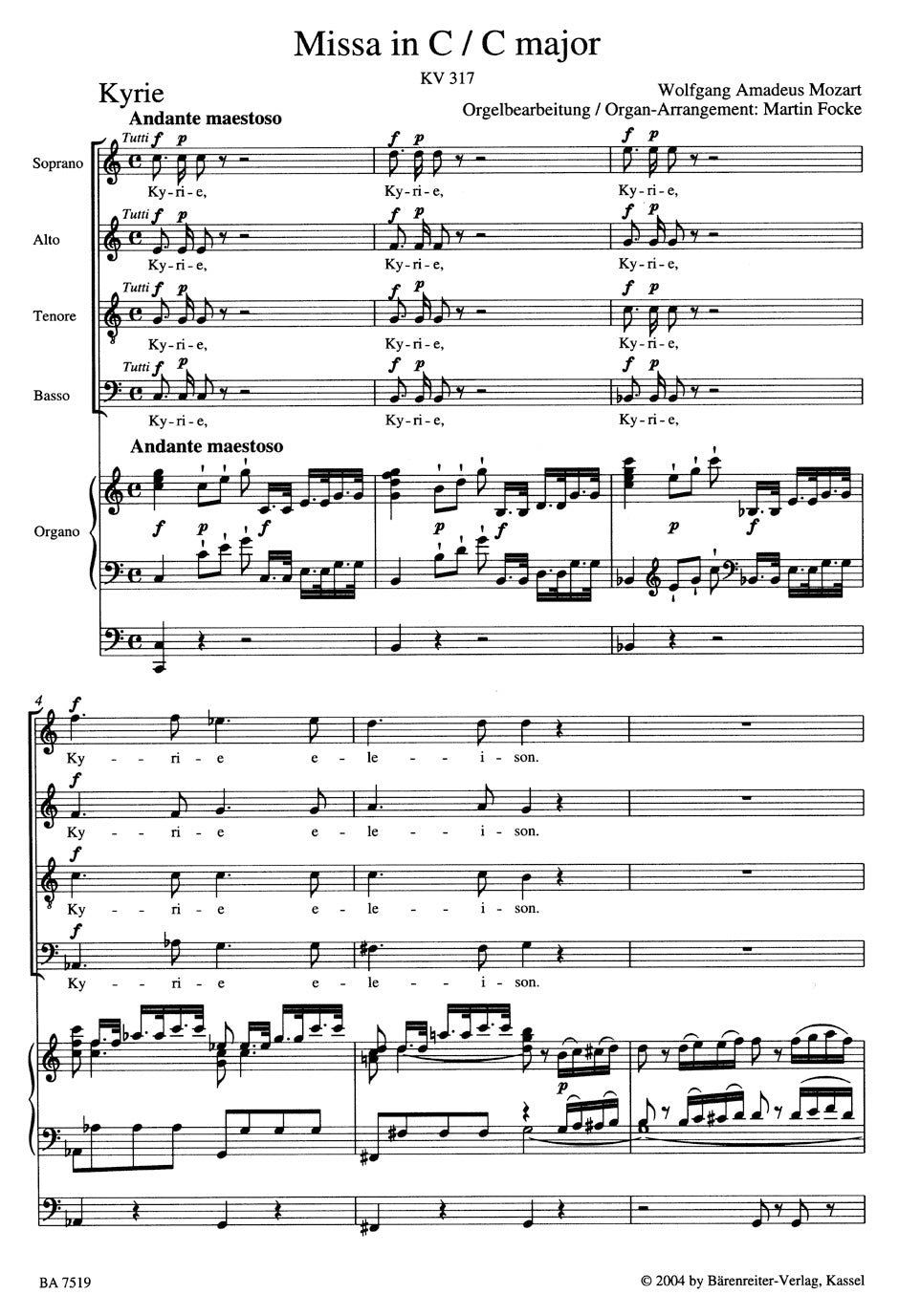 Mozart Missa C major K. 317 "Coronation Mass" (Arranged for Soloists, Choir and Organ)