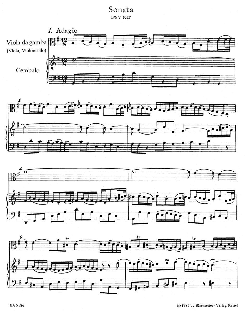 Bach Three Sonatas for Viola (Viola da gamba) and Harpsichord BWV 1027-1029