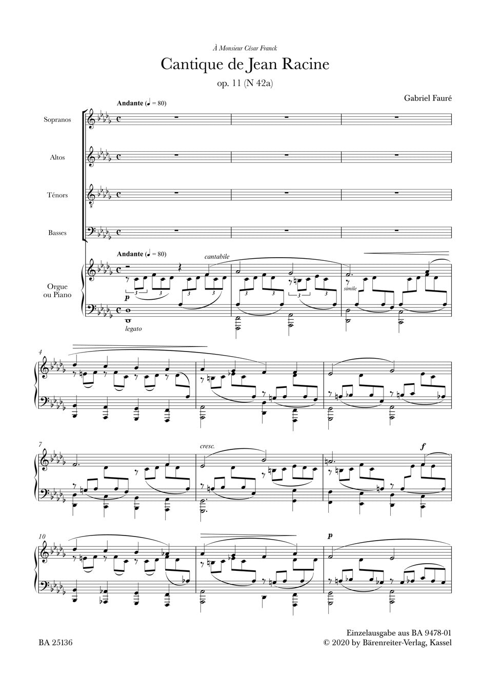 Faure Cantique de Jean Racine für vierstimmigen gemischten Chor (SATB) und Orgel oder Klavier op. 11 N 42a