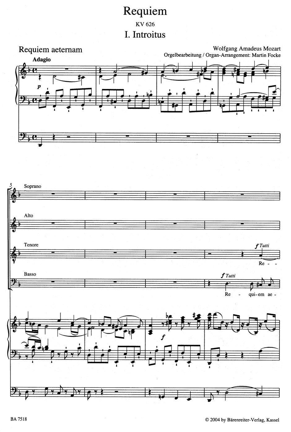 Mozart Requiem K. 626 (Arranged for Soloists, Choir and Organ)