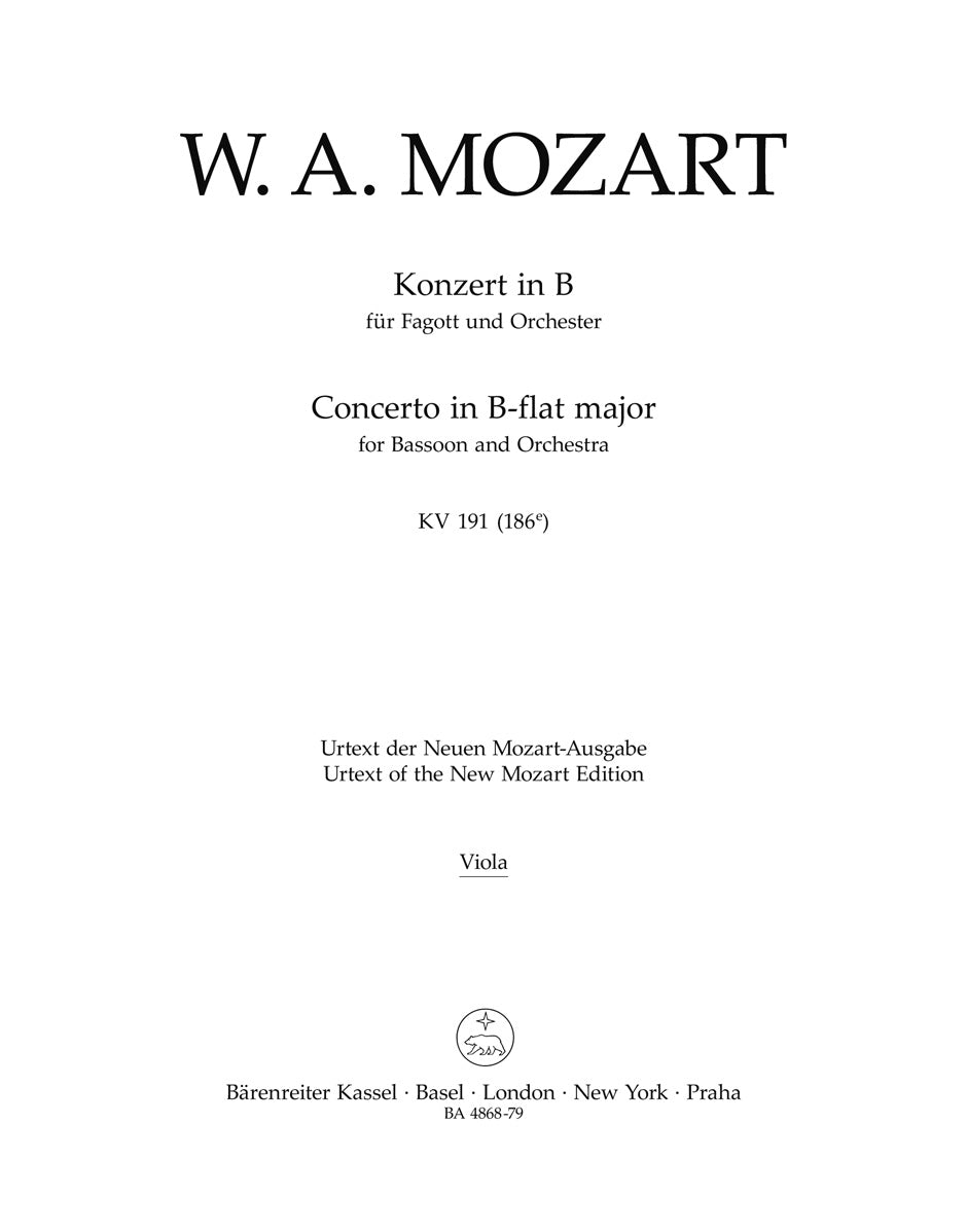 Mozart Concerto for Bassoon and Orchestra B-flat major K. 191(186e) Viola Part