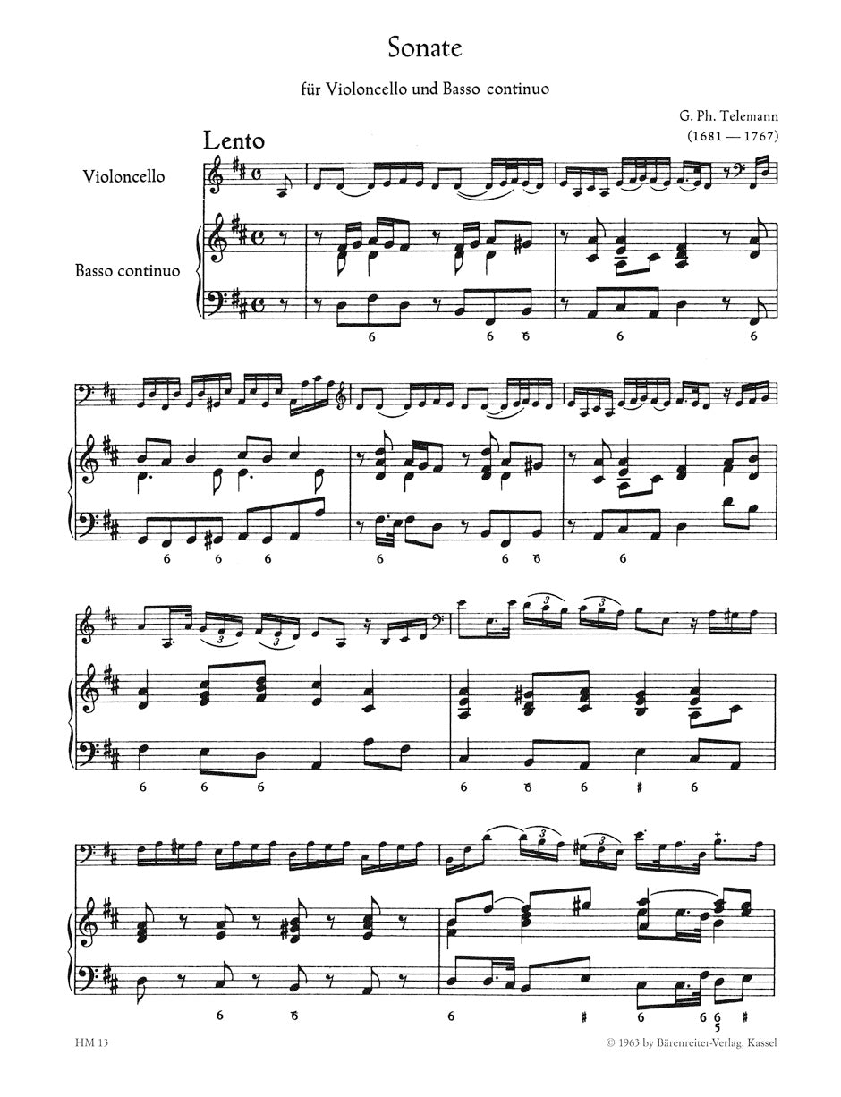 Telemann Sonata für Violoncello und Basso continuo D major TWV 41:D6 (from "Der getreue Musikmeister")