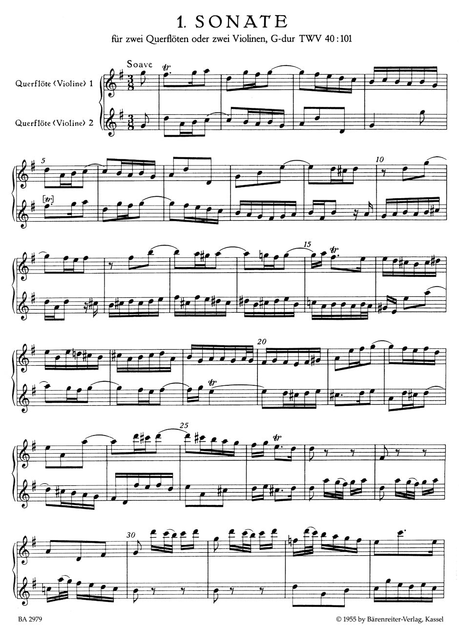Telemann Six Sonatas for Two Flutes (or Two Violins) op. 2 TWV 40:101, 102, 104 (Volume I)