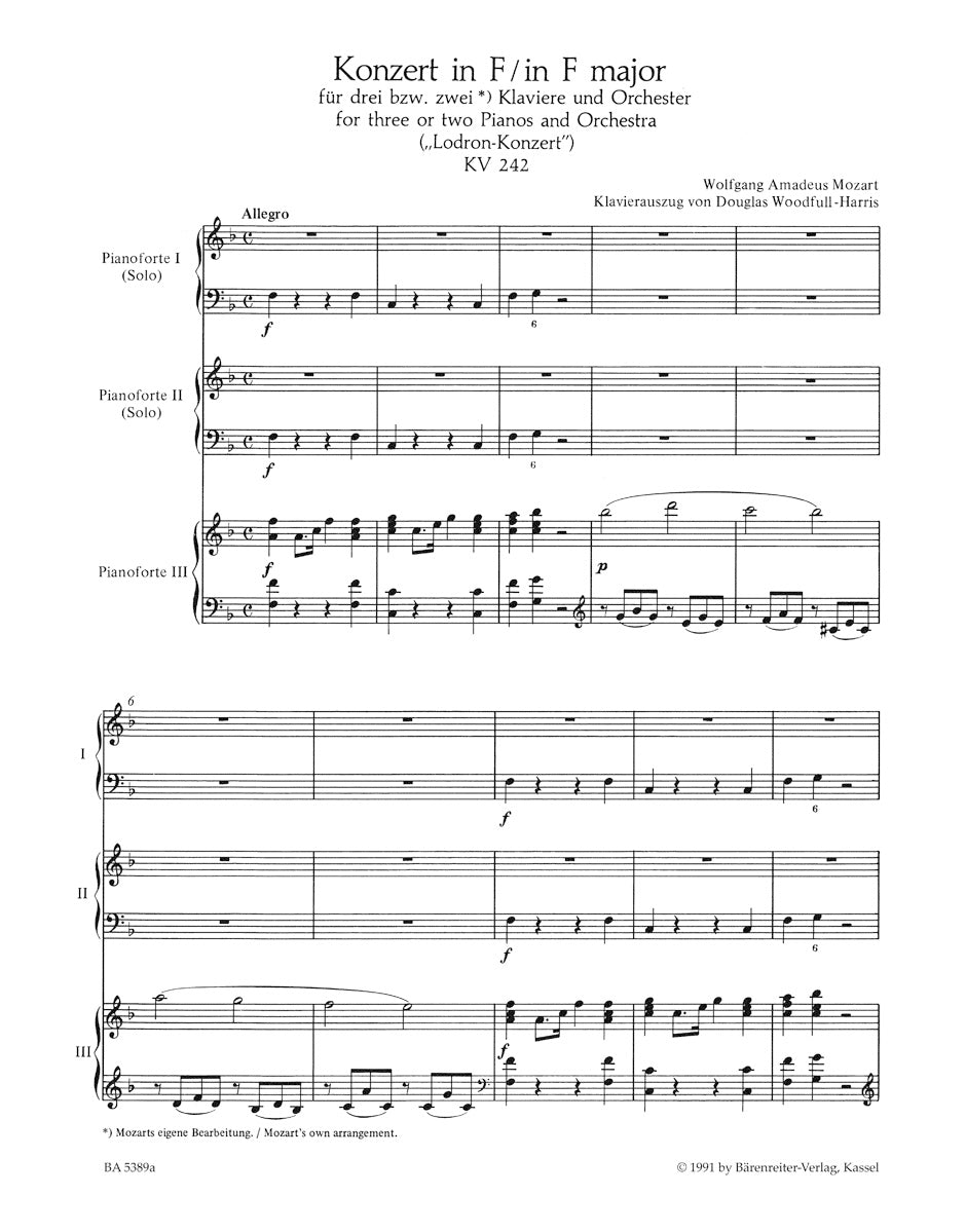 Mozart Concerto for three or Two Pianos and Orchestra Nr. 7 F major K. 242 "Lodron Concerto" (arranged by Woodfull-Harris)