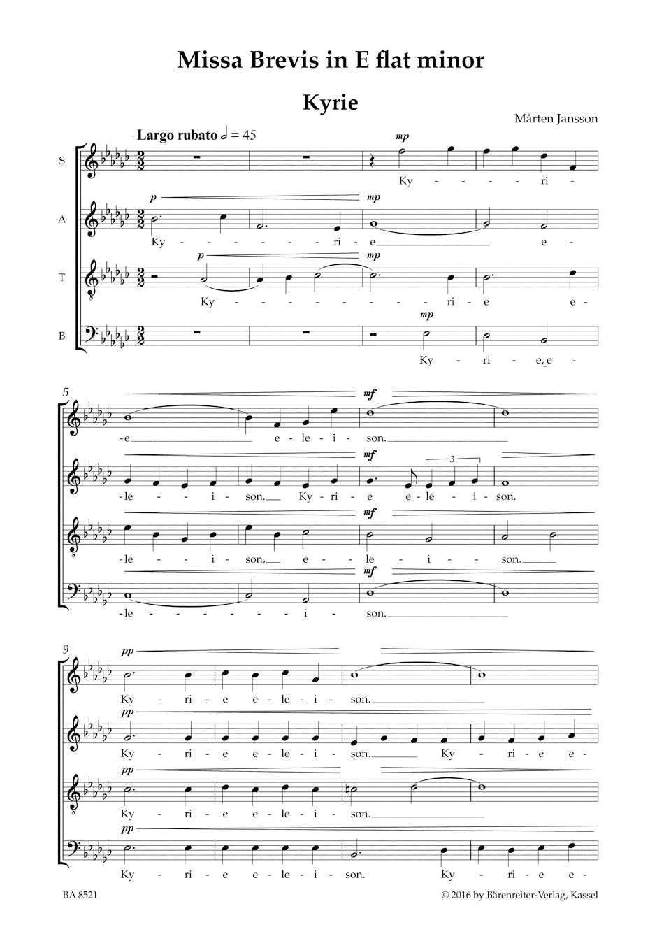 Jansson Missa brevis E-flat minor