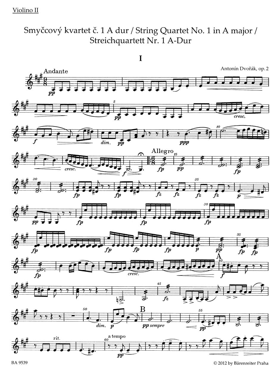 Dvorak String Quartet No 1 in A major Opus 2