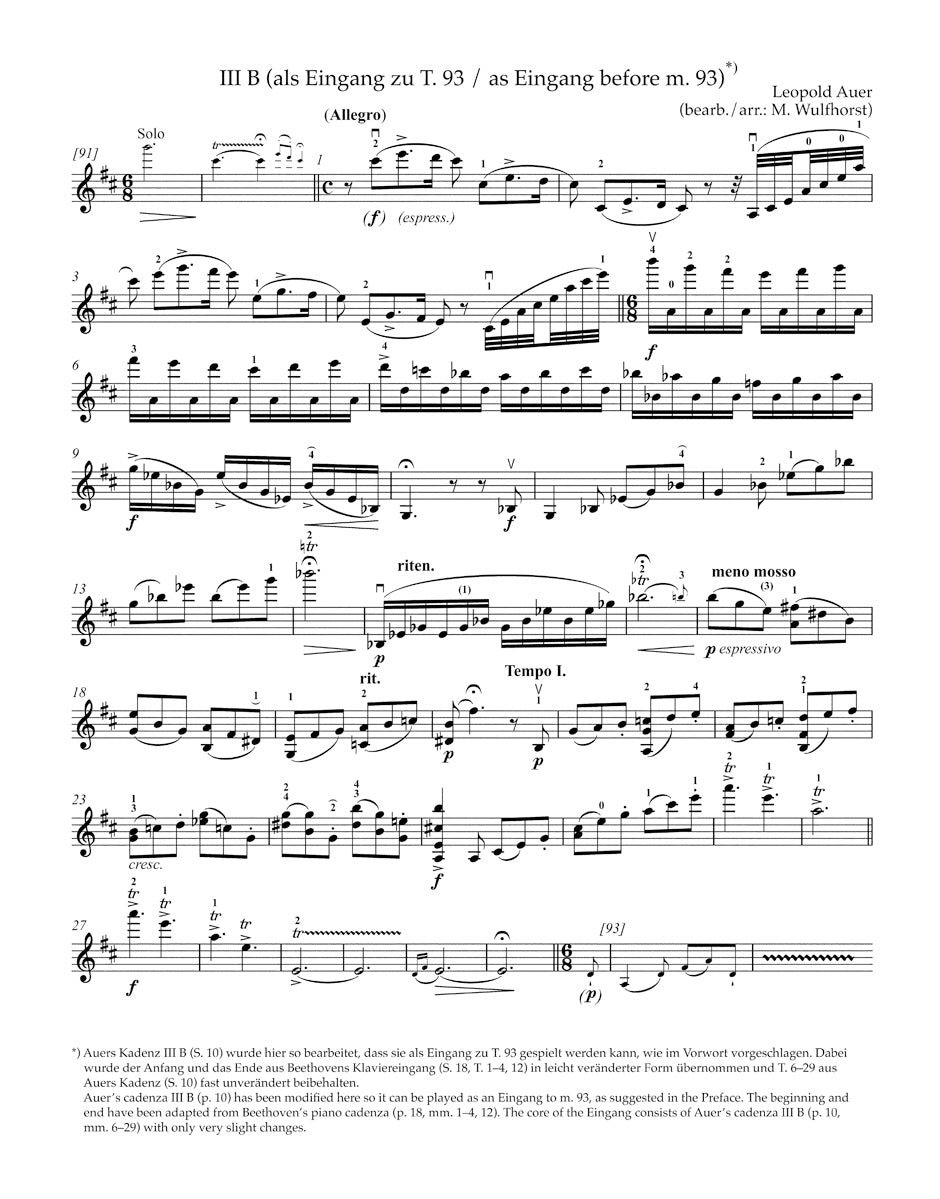 Beethoven Cadenzas to Beethoven's Violin Concerto for Violin and Orchestra Opus 61