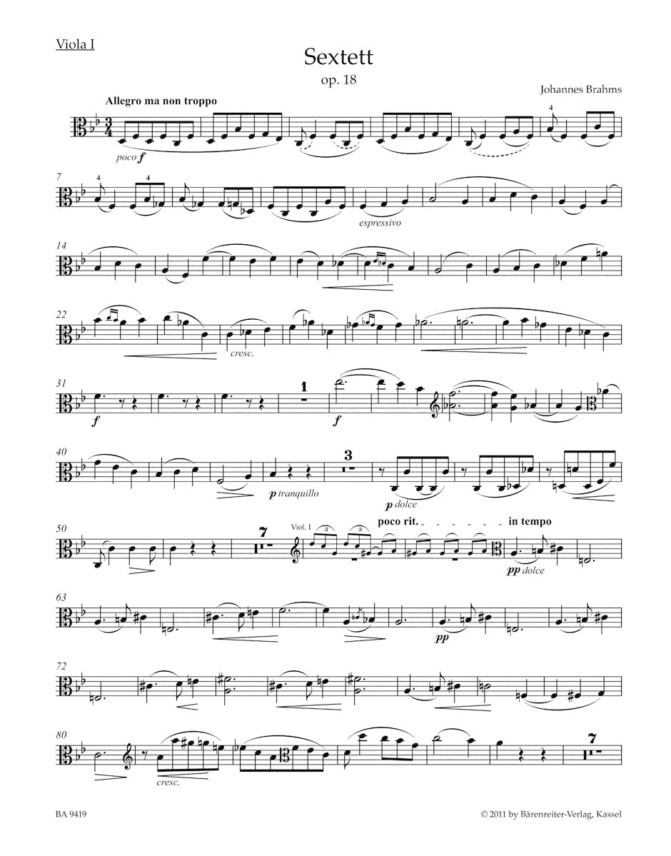 Brahms Sextet for 2 Violins, 2 Violas and 2 Violoncellos in B flat major Opus 18