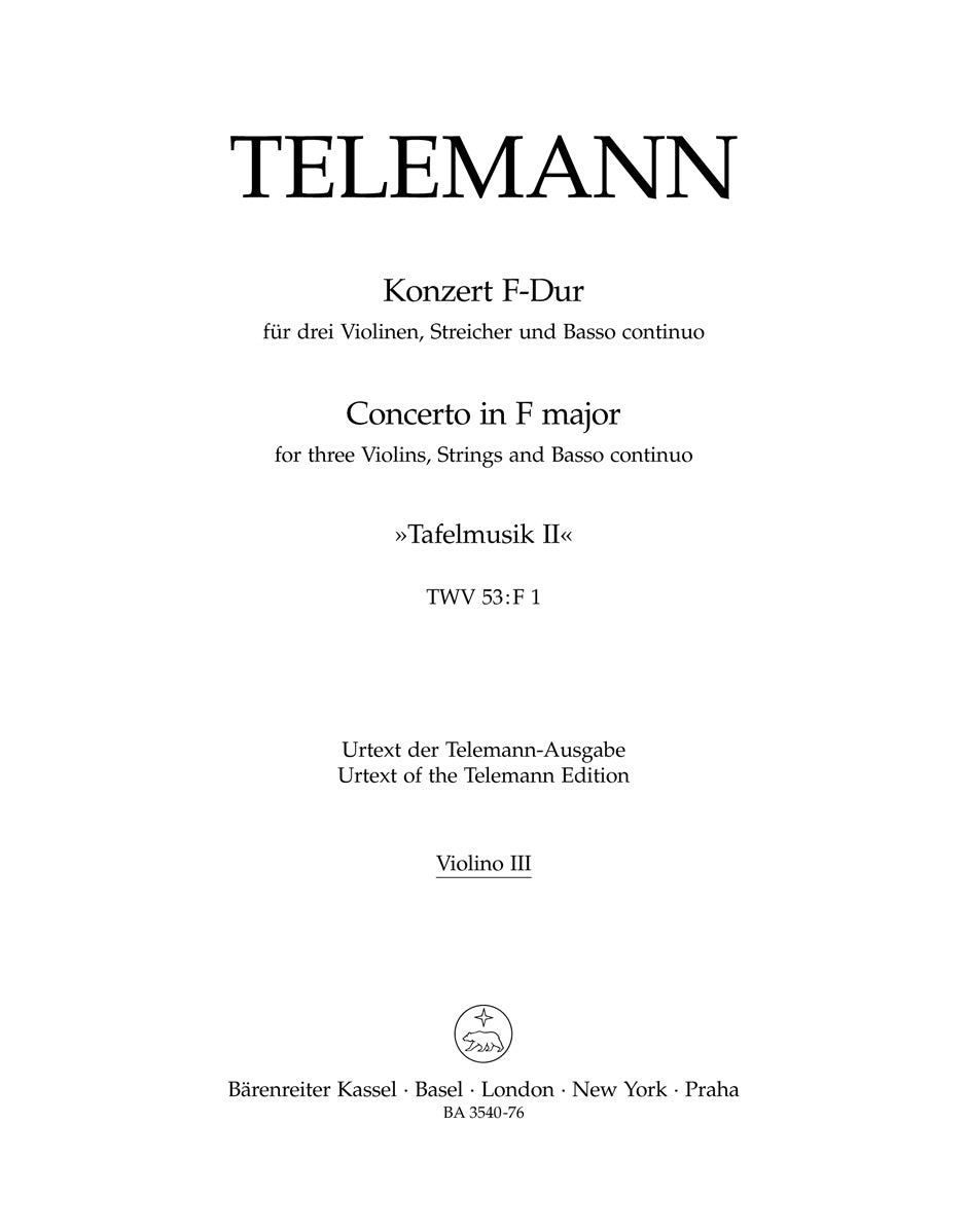 Telemann Concerto for three Violins, Strings and Basso Continuo in F major TWV 53:F1 3rdViolin Part