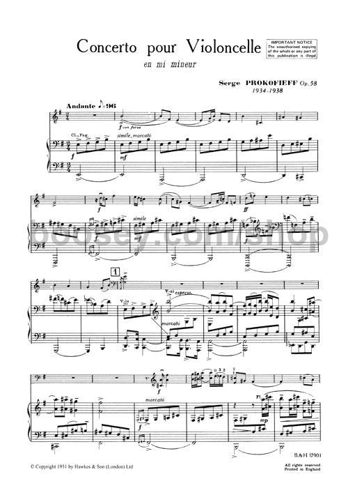 Prokofiev Concerto In E Minor For Cello And Piano Reduction Op 58